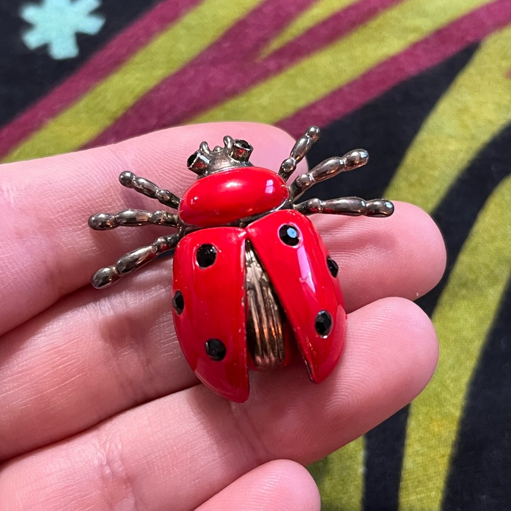 Vintage Best Signed Enamel Red Rhinestone Beetle Lady Bug Costume Jewelry Brooch